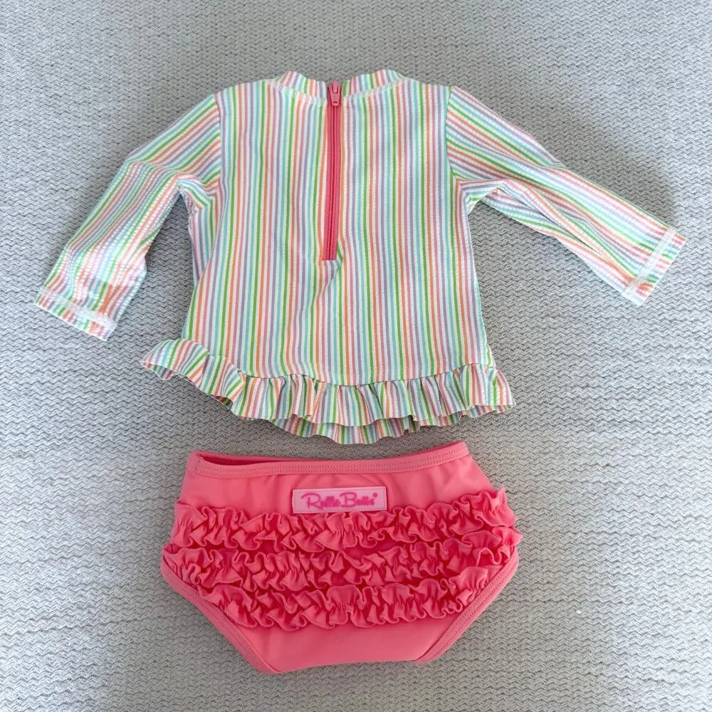 Ruffle Butts Pink Multicolor Striped Ruffle Trim Long Sleeve Rashguard Swimsuit